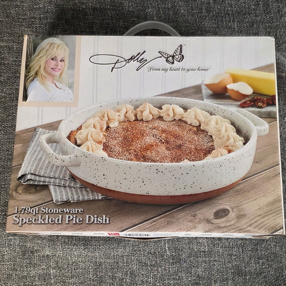 Dolly Parton 1.79qt Stoneware Speckled Pie Dish White Terracotta Base NIB
